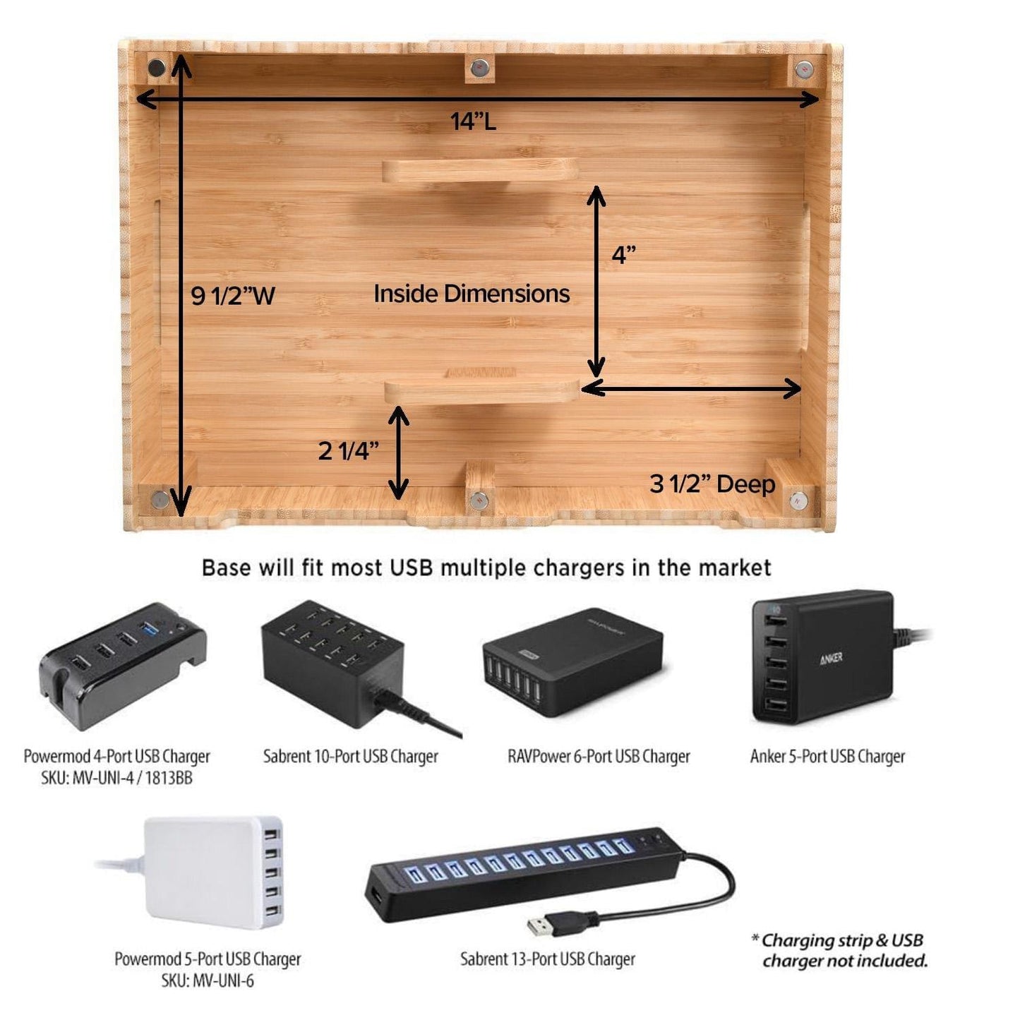 MobileVision Bamboo 12-Port Charging Station &amp; Docking Organizer for Smartphones, Tablets, Family-Sized (Combos Included)
